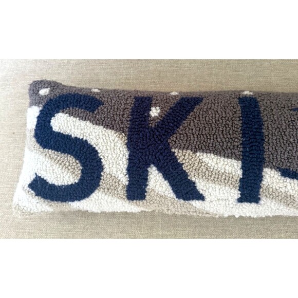 Handmade Custom Hooked Wool "Ski" Lumbar Pillow 24" x 8" - Picture 2 of 7